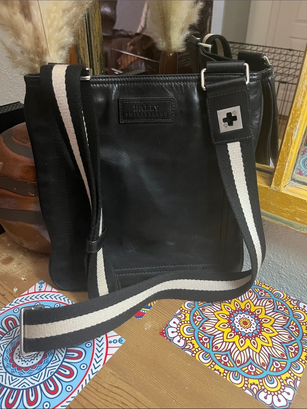 Bally Black Leather Messenger Bag with Cream-Striped Strap